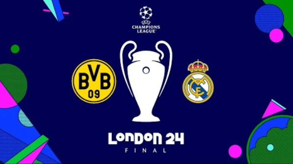 Affiche de la finale de la Ligue des Champions 2024 entre le Borussia Dortmund et le Real Madrid à Londres, mettant en avant le trophée de la compétition avec les logos des deux équipes.