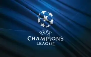 Drapeau de la Ligue des Champions de l'UEFA avec le logo officiel, représentant un fond bleu avec des étoiles blanches formant un ballon de football.